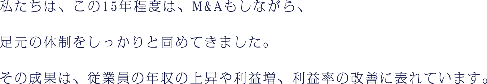 私たちは、この15年程度は、M&Aもしながら、足元の体制をしっかりと固めてきました。その成果は、従業員の年収の上昇や利益増、利益率の改善に表れています。