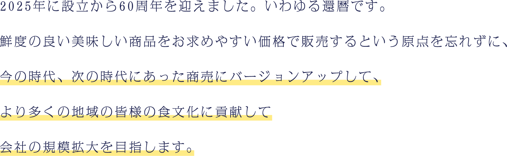 2025年に設立から60周年を迎えました。いわゆる還暦です。鮮度の良い美味しい商品をお求めやすい価格で販売するという原点を忘れずに、今の時代、次の時代にあった商売にバージョンアップして、より多くの地域の皆様の食文化に貢献して会社の規模拡大を目指します。