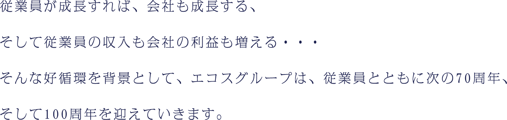 従業員が成長すれば、会社も成長する、そして従業員の収入も会社の利益も増える・・・そんな好循環を背景として、エコスグループは、従業員とともに次の70周年、そして100周年を迎えていきます。