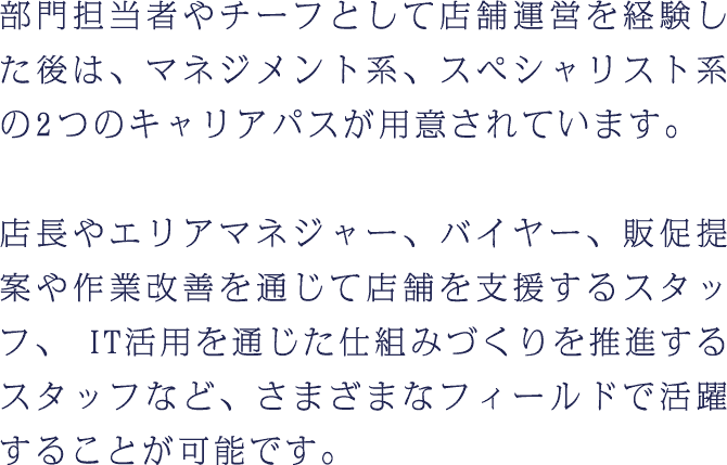 部門担当者やチーフとして店舗運営を経験した後は、マネジメント系、スペシャリスト系の2つのキャリアパスが用意されています。店長やエリアマネジャー、バイヤー、販促提案や作業改善を通じて店舗を支援するスタッフ、 IT活用を通じた仕組みづくりを推進するスタッフなど、さまざまなフィールドで活躍することが可能です。