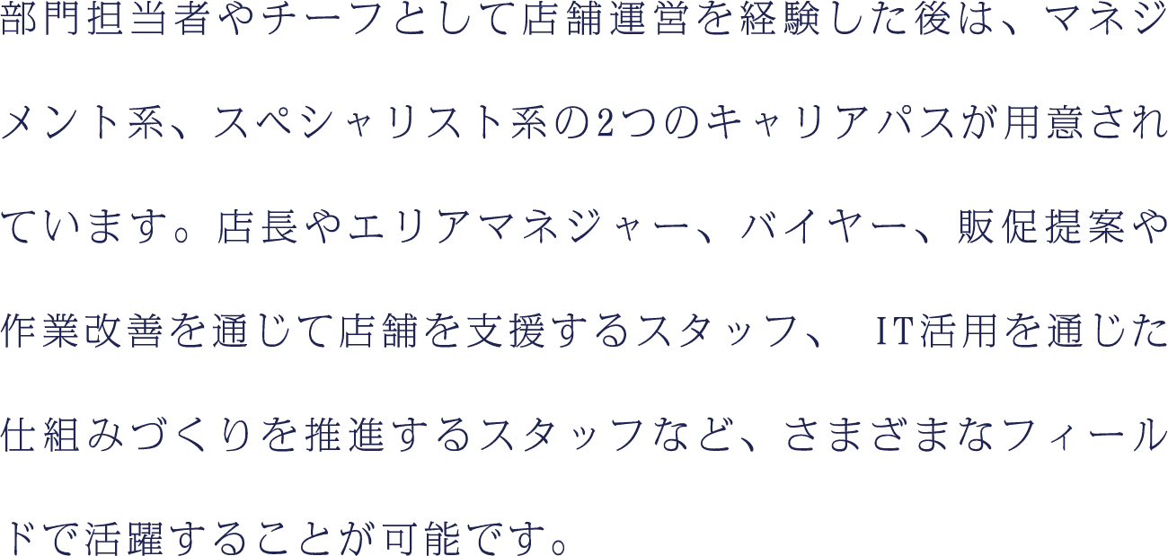 部門担当者やチーフとして店舗運営を経験した後は、マネジメント系、スペシャリスト系の2つのキャリアパスが用意されています。店長やエリアマネジャー、バイヤー、販促提案や作業改善を通じて店舗を支援するスタッフ、 IT活用を通じた仕組みづくりを推進するスタッフなど、さまざまなフィールドで活躍することが可能です。